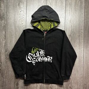 Quiksilver Kids Black Full Zip Hoodie Graphic Logo Spiral Hood Y2k Size L 7